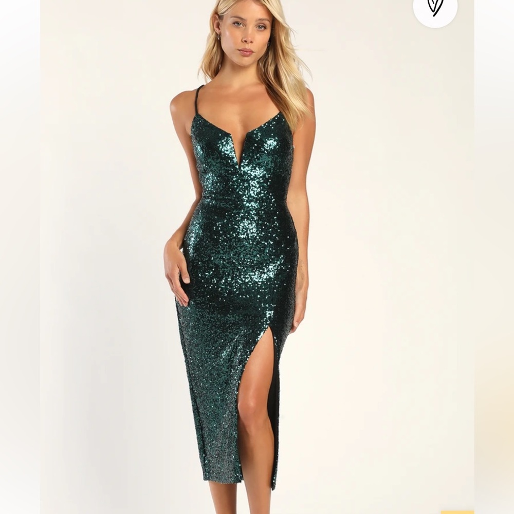 Emerald Green Sequin Midi Dress - Sleek Spaghetti Strap Evening Dress